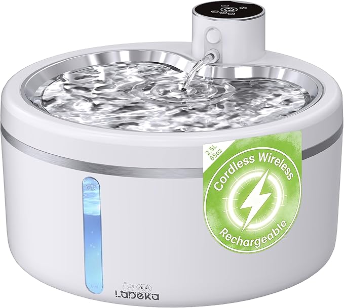 Wireless Cat Water Fountain with Stainless Steel Tray, 84oz/2.5L Pet Water Fountain for Cats Inside, Cat Fountain for Drinking with Motion Sensor, Ultra Quiet Pump for Pets& Small Animals (2Filters)