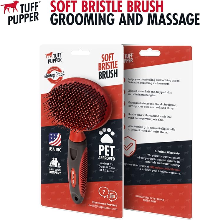 Tuff Pupper Round Bristle Soft Brush for Dogs and Cats | Gentle Grooming for Short or Long Hair | Soft Pin Tool for Sensitive Skin | Detangle & Remove Loose Fur | For Dematting & Detangling Undercoat - AquaVibe