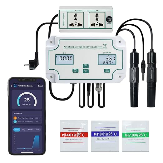 3-in-1 WiFi Smart Water Quality Tester, High Precision pH/EC/Temp Monitor with BNC Probe Real-Time APP Alerts & Data Export, pH Controller for Aquarium, Pool, Drinking Water, Lab