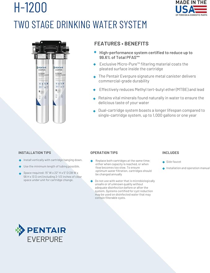 Pentair Everpure H-1200 Quick-Change Filter Cartridge Set, EV928201, NSF Certified to Reduce Lead, Replacement Pack for Everpure H-1200 Drinking Water System, 1,000 Gallon Capacity, 0.5 Micron