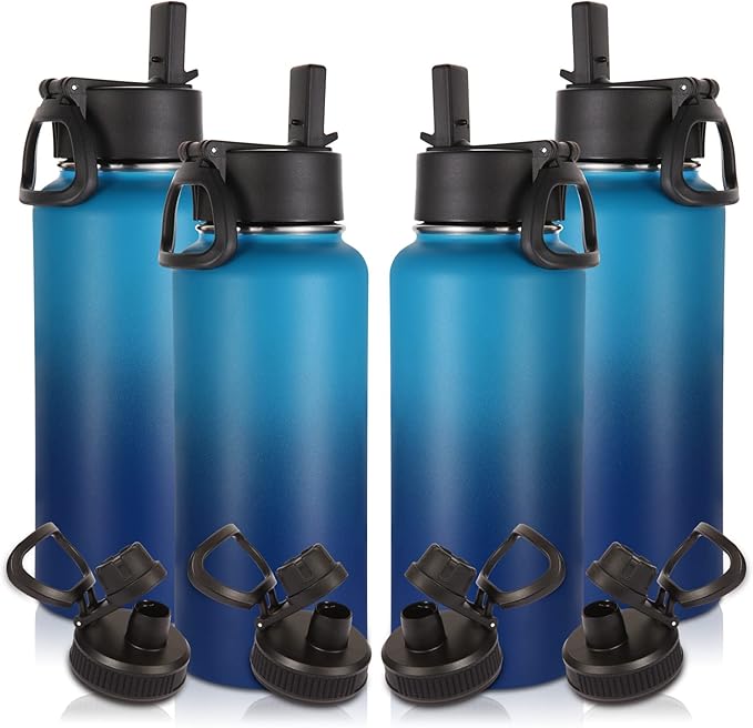 Volhoply 32 oz Water Bottles Bulk 4 Pack with Straw Lid & Spout Lid,Insulated Sports Water Bottle,Double Wall Vacuum Stainless Steel Cups,Leakproof Wide Mouth Metal Flask for Travel(Green Blue,4)