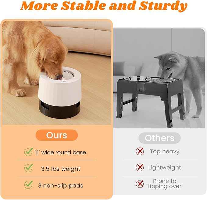 Pawque Raised 95oz Slow Drinking Dog Water Bowl No Spill for Medium Large Breed, Single Elevated Stainless Steel Water Bowl with Floating Disc, Stable Sturdy Base and Snap on Adjustable Height Stand
