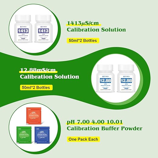 6 in 1 pH EC TDS Monitor for Water Hydroponic with pH EC Calibration Solution, Probe Cleaning Solution, with Extra EC 1413μS/cm and 12.88mS/cm EC Calibration Solution, Each 2 Bottles 50ml