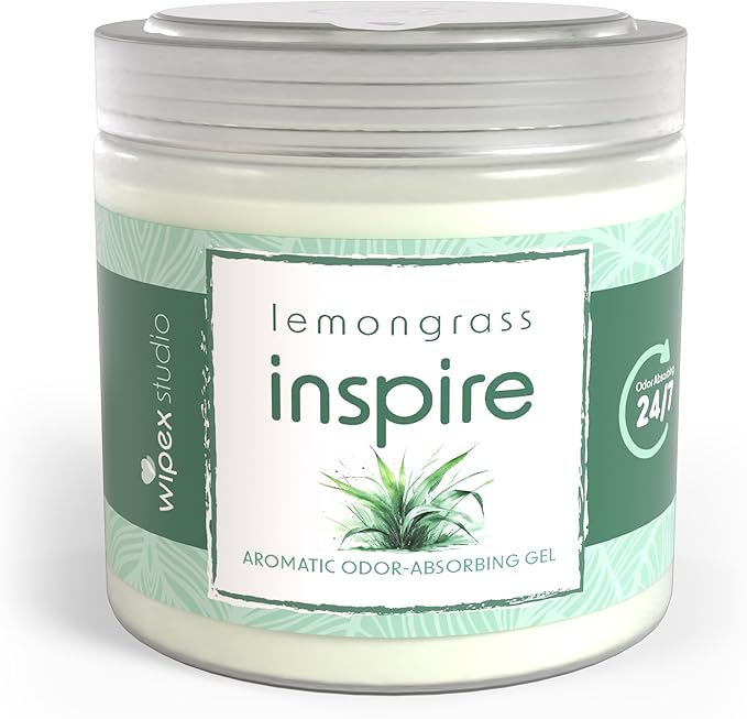 Wipex Odor Eliminator Gel Jar - Inspire Lemongrass 15oz, Odor Eliminator for Home, Effective Odor Absorber for Long-Lasting Freshness, Ideal for Rooms, Offices & Yoga Studios - Lemongrass