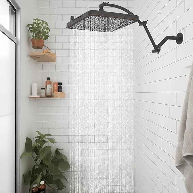 Hibbent Rain Shower Head, 13'' High Pressure Rainfall 5 Spray Mode Showerhead with 16" Shower Head Extension Arm, Brass Adjustable Shower Arm Extender, Waterfall fixed Showerheads, Oil Rubbed Bronze
