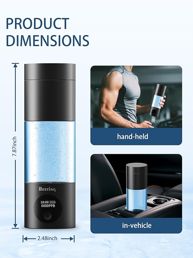 Hydrogen Water Bottle - 6000PPB High Concentration Hydrogen Water Generator | Portable SPE/PEM Ionizer with OLED Display, 230ml for Fitness, Office, Travel & Healthy Gifts