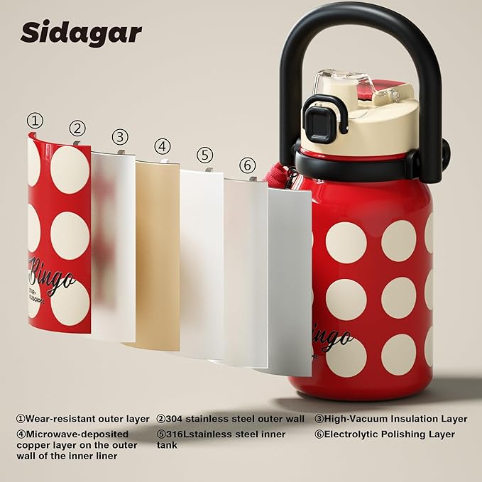 32 oz Insulated Water Bottle for Women with Straw & Handle, 316L Medical Grade Stainless Steel Vacuum Tumbler, Leakproof Stylish Sports Flask for Gym & Travel, Vintage Polka Dot - Rose Red