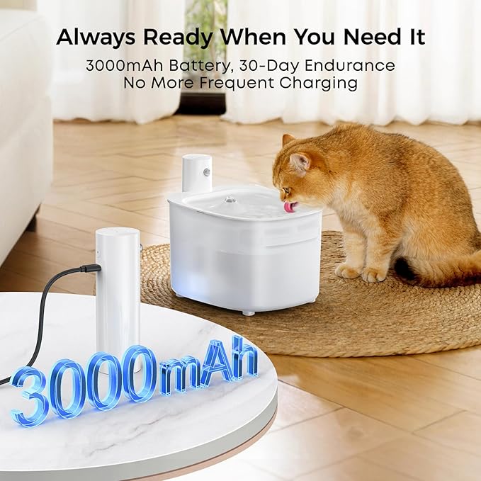 Wireless Cat Water Fountain, Automatic Sensor-Activated Water Dispenser,88oz / 2.6L Rechargeable Battery Operated Cordless Pet Water Fountain for Cats Indoor with Motion Sensor, Ultra Quiet Pump