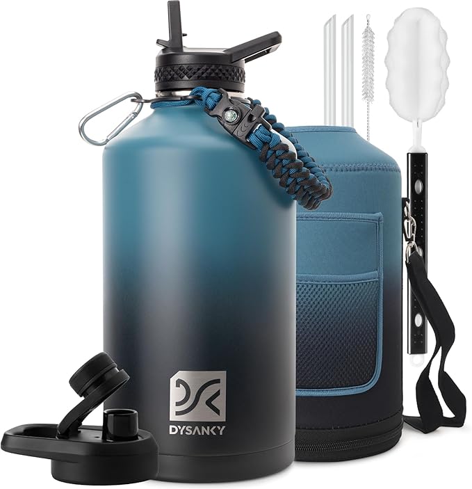 1 Gallon Insulated Water Bottle | Upgraded Thickened Stainless Steel Metal Portable Sports Large Water Jug for Gym and Hiking with Carrier Bag, Handle Strap | BPA-Free 128 oz
