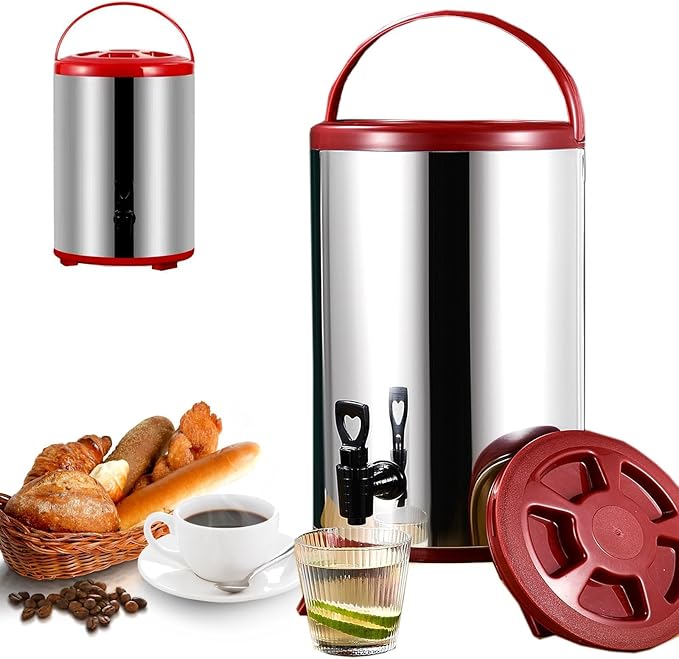 Hot and Cold Water Dispenser with Faucet Portable Insulated Beverage Kettle 8L-12L Large Capacity Stainless Steel Tea Coffee Dispenser Water Bottle (C 10L)