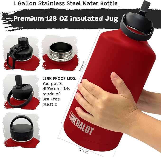 1 Gallon Water Bottle - 128 Oz Insulated Stainless Steel Metal Water Bottle with Holder - Carrying Bag - Spout Handle - Straw Lids - Keep Cold & Hot - Red Tactical Flask