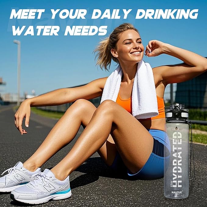 Water Bottle, 32 oz Sports Water Bottles with Time Marker Wide Mouth, Motivational and Leakproof Drink Bottle, BPA Free Tritan with Carry Strap for Gym Fitness Outdoor(1 Bottle)