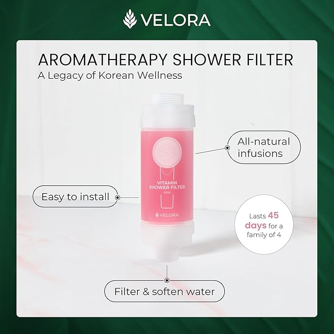 VELORA Vitamin C Shower Filter - Rose-Scented Aromatherapy Shower Water Filter and Softener - Universal Showerhead Bathroom Attachment - Replenish Dry Skin, Soften and Nourish Hair