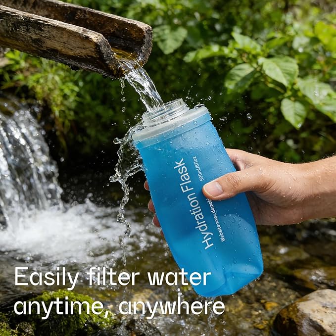 GUYI 1.0L Collapsible Water Filter Bottle, Removes Impurities, BPA Free, Ultralight for Hiking, Camping, Cycling & Travel-Blue