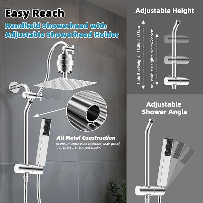 Hibbent All Metal 10'' Filtered Rainfall Shower Head, High Pressure Showerhead combo with 4-mode Handheld Spray, 12'' Extension Arm, Extension Bar with Holder, Shower Filter, Chrome