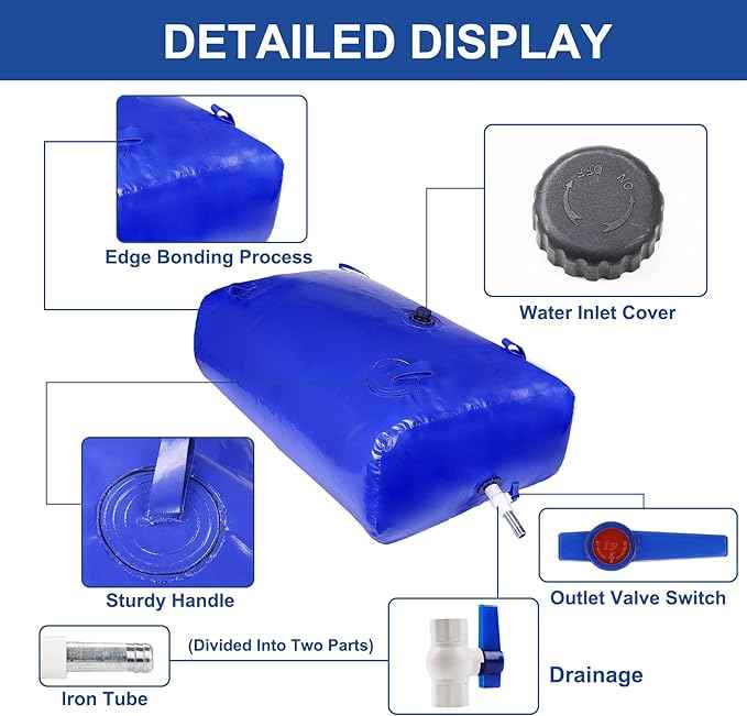 240 L/63 Gal Water Bladder Tank, Foldable Portable Water Storage Container, Emergency Water Bag for RV, Truck Bed, Fire Prevention, Drought Resistance, Blue