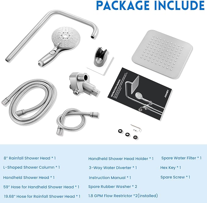 8" Dual Shower Head Combo, Rainfall Shower Head with Handheld, 6 Spray Settings Angle Adjustable Handheld Shower Head with Pause, Height Adjustable, Chrome Silver
