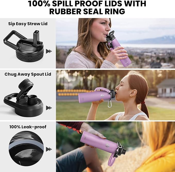Insulated Water Bottle 24oz, Triple Wall Vacuum Stainless Steel (Cold for 48 Hrs, Hot for 24Hrs), Leak Proof & Non-BPA, 24oz Hydro Water Flask with Paracord Handle & Straw Spout Lids