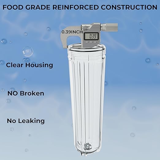 20" x 4.5" Whole House Water Filter Housing – 1" NPT Stainless Steel Ports, Heavy Duty Clear Filter Sump – Double O-Ring Leak-Proof with Pressure Release Valve – Fits All 20x4.5 Filters
