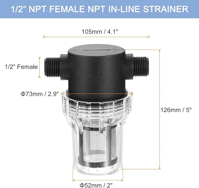 uxcell Pressure Washer Filter 1/2" NPT Female Thread, Inline Mesh Strainer Attachment, Outlet for Pipe Strainer, Stainless Steel Screen with Sealant Tape (Size:80 Mesh) - AquaVibe
