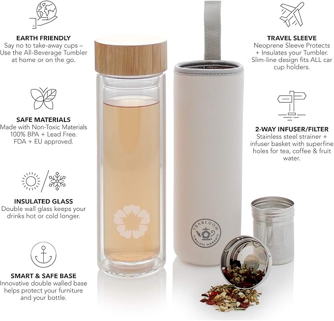 Teabloom All-Beverage Tumbler – 15 oz / 450 ml – Tempered Glass Travel Bottle – Hot and Cold Tea Infuser – Cold-Brew Coffee – Fruit-Infused Water – Tea Tumbler – The Pathfinder
