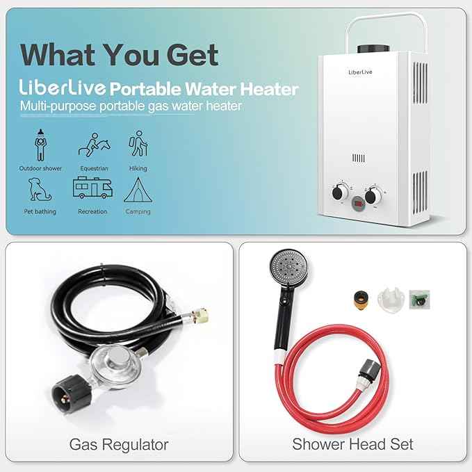 Propane Water Heater, 6L 1.58GPM 41000 BTU Portable Tankless Water Heater Outdoor, Gas Instant Hot with Handle Overheating Protection for RV Trips, Camping, Boat Cabins, Outdoor Shower, White