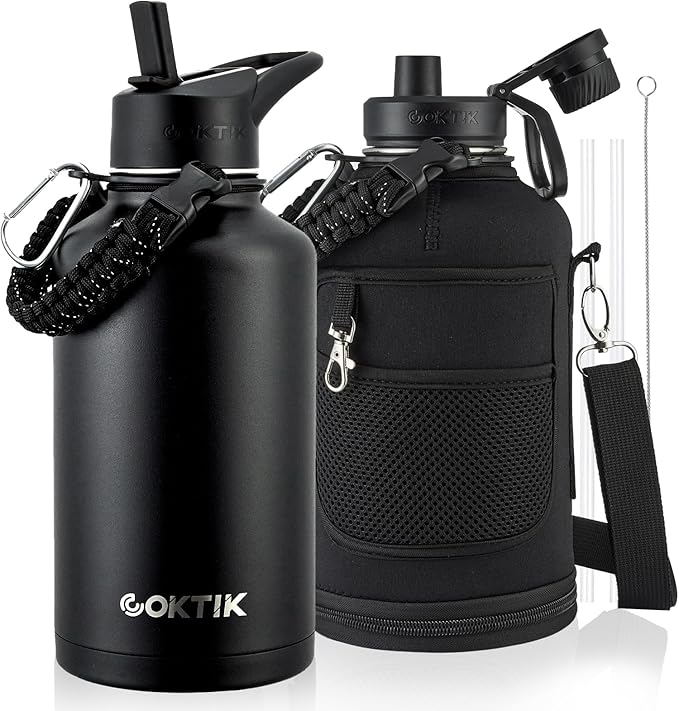 COKTIK 64oz Insulated Water Bottle - Stainless Steel Vacuum Metal, Portable ½ Gallon Large-Capacity Sports Bottle with Straw, Carry Bag and Handle Strap, Ideal for Gym & Hiking(Black)