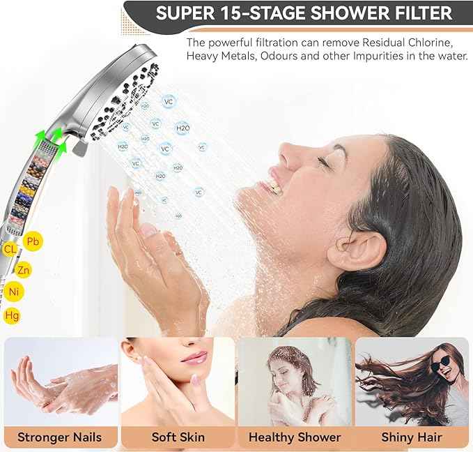 2 Pack Shower Filter Cartridge, JNILE 15 Stage Replacement Shower Filter for Hard Water, High Output Universal Replacement Filter Cartridge, Remove Chlorine Heavy Metals and Sediments
