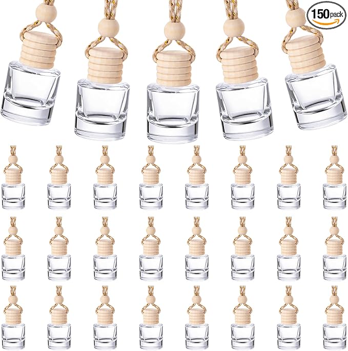 Domensi 150 Pieces Hanging Car Diffuser Air Freshener Bottle Bulk Empty Glass Refillable Perfume Bottles Oil Diffuser Aromatherapy Pendant for Auto Interior Ornaments Decor (Clear)