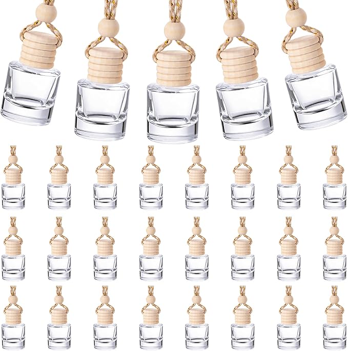 Domensi 600 Pieces Hanging Car Diffuser Air Freshener Bottle Bulk Empty Glass Refillable Perfume Bottles Oil Diffuser Aromatherapy Pendant for Auto Interior Ornaments Decor