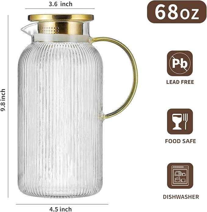 Glass Pitcher with Lid, 68 oz/2 Liter Classic Vertical Stripes Water Pitcher,Glass Water Carafe for Cold Brew, Coffee, Lemonade, Iced Sun Tea,Beverage,Milk, Heat Resistant