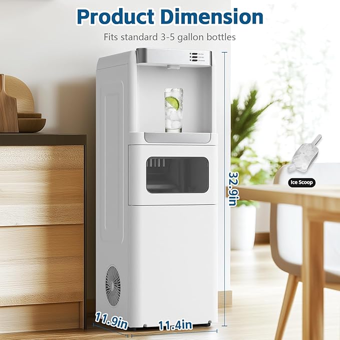 4 in 1 Water Cooler Dispenser with Ice Maker, Hot & Cold Water Dispenser for Home & Office, 33lbs/24H Bullet Ice, Top Loading 3-5 Gallon, Child Safety Lock, Ice Ready in 7 Min (White)