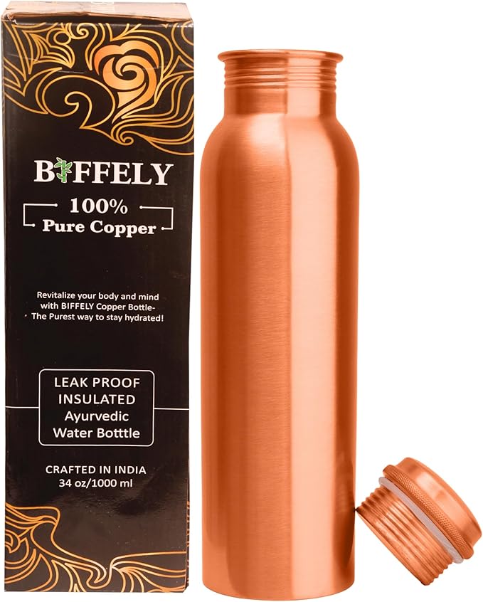 Copper Water Bottle - 34 Oz Extra Large - A Hammered Ayurvedic Pure Copper Vessel For Drinking - Drink More Water, Lower Your Sugar Intake And Enjoy The Health Benefits Immediately (Plain)