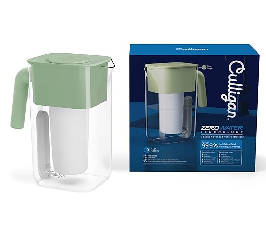 Culligan with ZeroWater Technology 10-Cup Water Filter Pitcher – Includes 5-Stage Advanced Water Filter, IAPMO Certified to Reduce Lead, Total PFAS, Mercury, Fluoride, and Chlorine - Sage