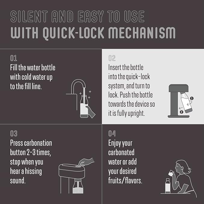 Ruby 2 Sparkling Water Maker - Soda Streaming Machine Silent Carbonated Water Machine Robust Long-Lasting Aluminium Soda Maker 1L Water Bottle Without CO2 Cylinder - Black Silver Soda Machine