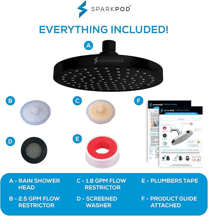 SparkPod Shower Head - High Pressure Rain - Premium Quality Luxury Design - 1-Min Install - Easy Clean Adjustable Replacement for Your Bathroom Shower Heads (Midnight Black Matte, 8 Inch Round)