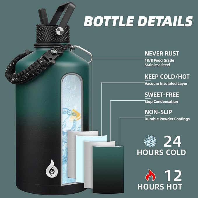 BJPKPK 1 Gallon Water Bottle with Straw Lid, 128oz Large, Stainless Steel Water Bottles with 3 Lids and Paracord Strap, Double Wall Vacuum Metal Water Jug, Army Green & Black