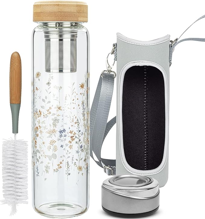 32oz Borosilicate Glass Water Bottle with Tea Infuser, Tea Tumbler with Strainer, Reusable Travel Mug with Sleeve & 2 Lids, Glass Drinking Bottle for Hot or Cold Drinks