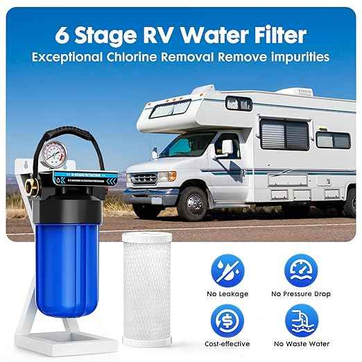 6-Layer RV Water Filter with Stand, 0.5 Micron Filtration, 3/4" GHT Metal Threads for RV & Camping,Reduces Sediments, Chlorine, VOCs, Heavy Metals, Bad Taste & Odor