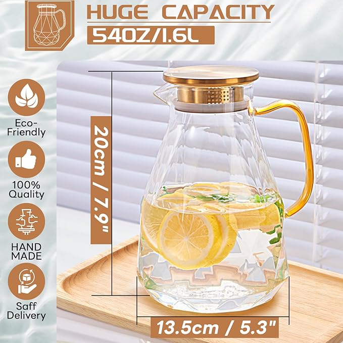 Yirilan Glass Pitcher, 1.6 Liter Water Pitcher With Lid, Iced Tea Pitcher for Fridge, Glass Water Carafe With Lid, Glass Water Jug, Small Drink Pitcher For Juice