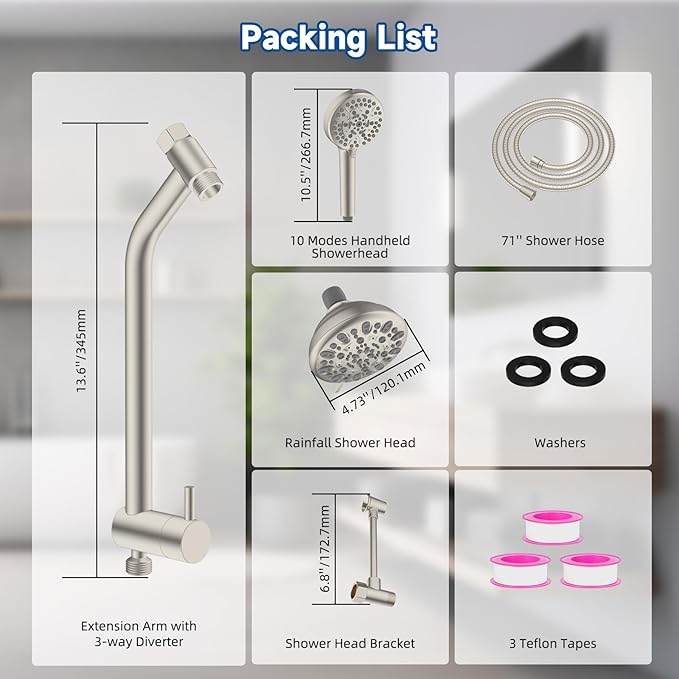 All Metal Dual Shower Head Easy Reach, High Pressure 10-Spray Handheld & Rainfall Shower Head Combo with Shower Extension Arm, 71" Hose, 3-way Diverter, Brass Shower Bracket, Brushed Nickel