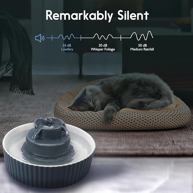 Ceramic Cat Water Fountain, 2.1L/71oz Cat Fountain with 3 Carbon Filters and 2 Quiet Pumps, Cupcake Pet Water Dispenser for Cats and Dogs (Grey)