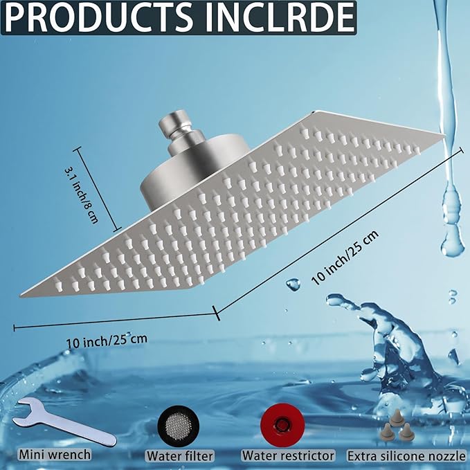 Filtered Shower Head, Stainless Steel High Flow Rainfall Showerhead with 15 Stage Hard Water Filter Cartridge for Remove Chlorine and Harmful Substances(Brushed Nickel,10")