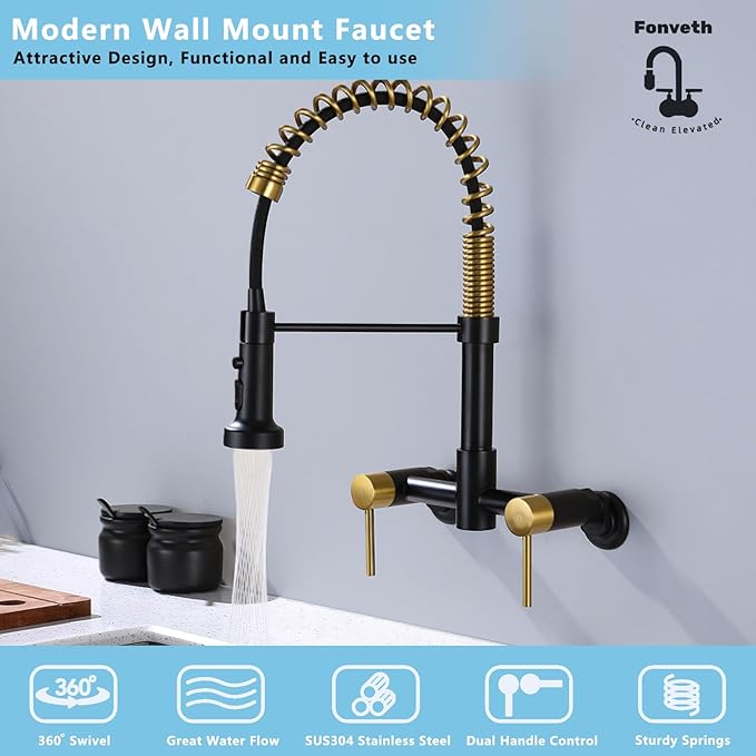 Wall Mount Kitchen Faucet, 8 Inch Center Wall Mount Kitchen Sink Faucet with Pull Down Sprayer with Sprayer Commercial, Black and Gold
