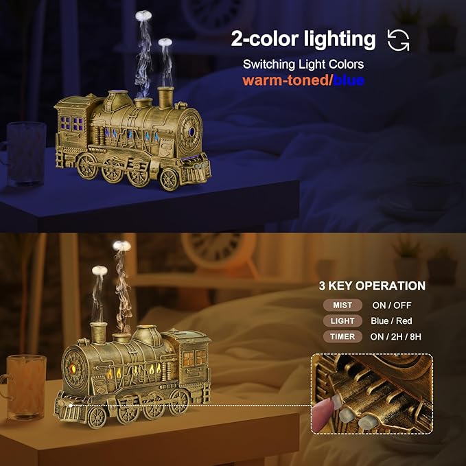 Train Diffuser 300ml, Aromatherapy Diffuser Cool Mist Ultrasonic Aroma Train Diffuser with Remote Control 2 Light 2 Mist Mode Auto Shut-Off for Bedroom Office Hotel(Bronze)