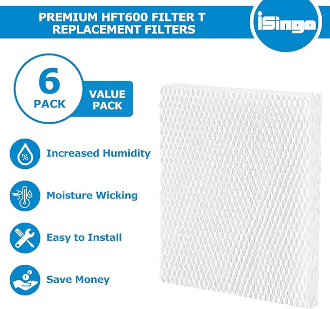 iSingo Humidifier Wicking HFT600 Fil-TER T for Honeywell Hev615 Hev620 Humidifier, Compatible with Honeywell HFT600 Humidifier Fil-TER T Compare to Part HFT600T HFT600PDQ, (6 Pack)