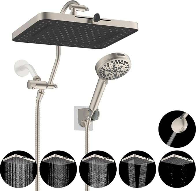Hibbent 5-spray 13'' Shower Head, High Pressure Rainfall Shower Head, Dual Showerhead Combo with 10-mode Handheld Spray, 12'' Adjustable Extension Arm, 71'' Hose, Showerhead Holder, Brushed Nickel