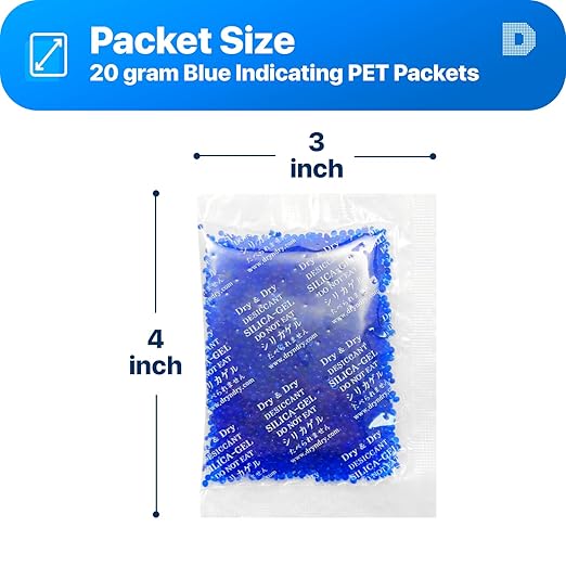 Dry & Dry 20 Gram [200 Packets] Blue Indicating(Blue to Pink) Silica Gel Packets Desiccant Silica Gel Packets - Rechargeable Silica Packets, Silica Gel, Silica Gel Packs