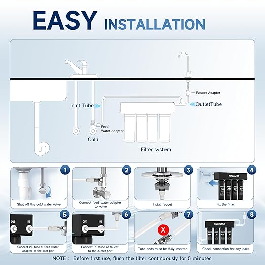 AQUALTRA USF-4F-15 Under Sink Water Filter System, Commercial 80K Gallons with Faucet, 0.5 μm Carbon Fiber Filter Reduces Chlorine, Chloramine, Fluoride, Bad Taste & Odor