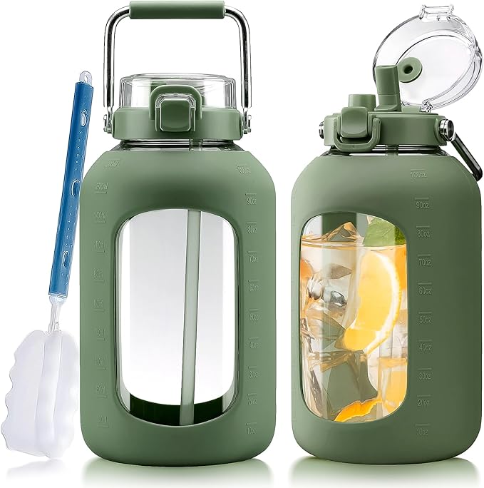 Large Glass Water Bottles with Stainless Steel Handle,100 oz Gallon Drinking Bottle with 2-in-1 Straw Lid,3 Liter Glass Water Jug with Silicone Sleeve,Wide Mouth,Olive